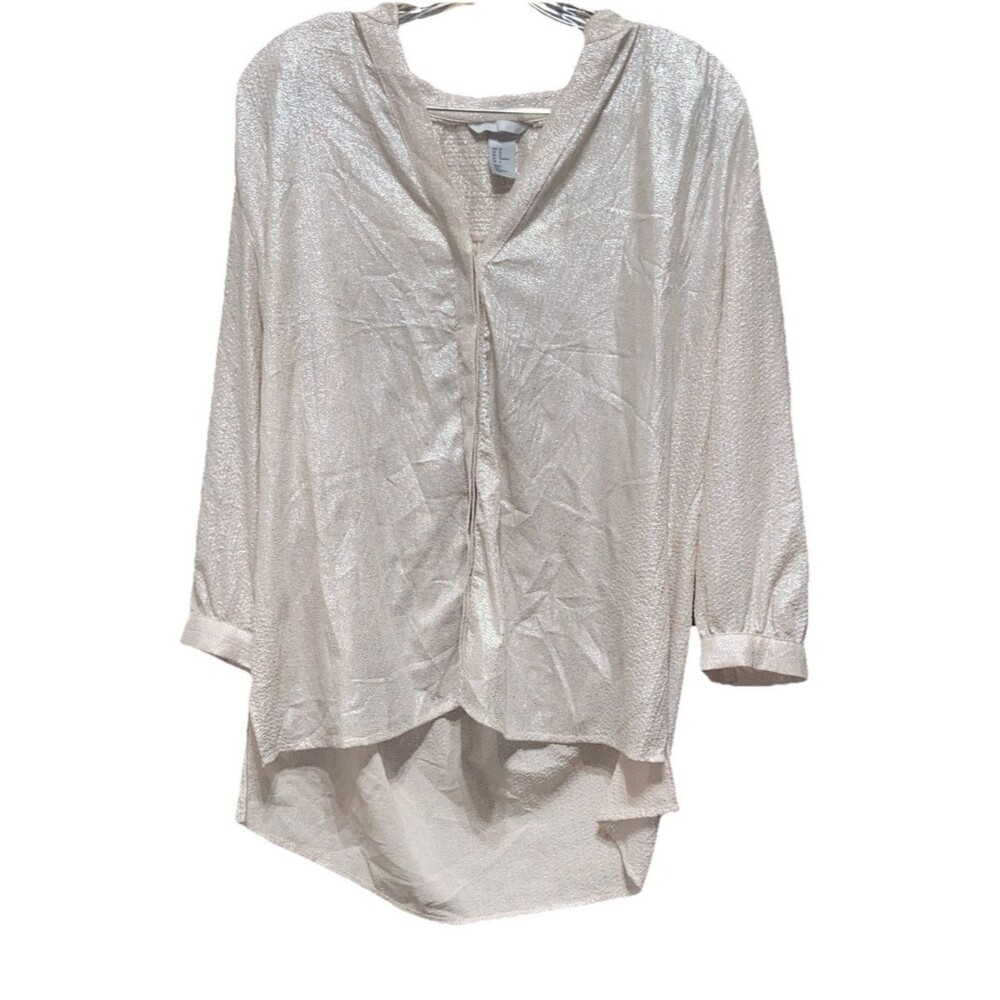 H&M Silvery White Long Sleeve Button-Up Blouse – Size 12 Shimmer Elegance